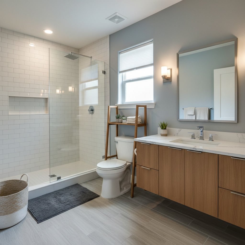 Modern bathroom remodel with new tile and fixtures in Plano TX home