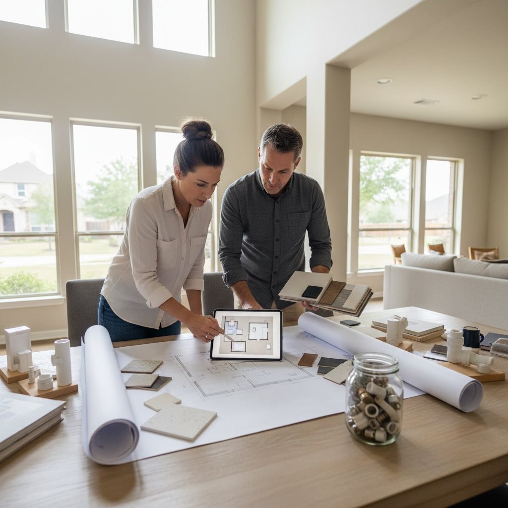 Bathroom remodel design plans and material samples on table in Carrollton home