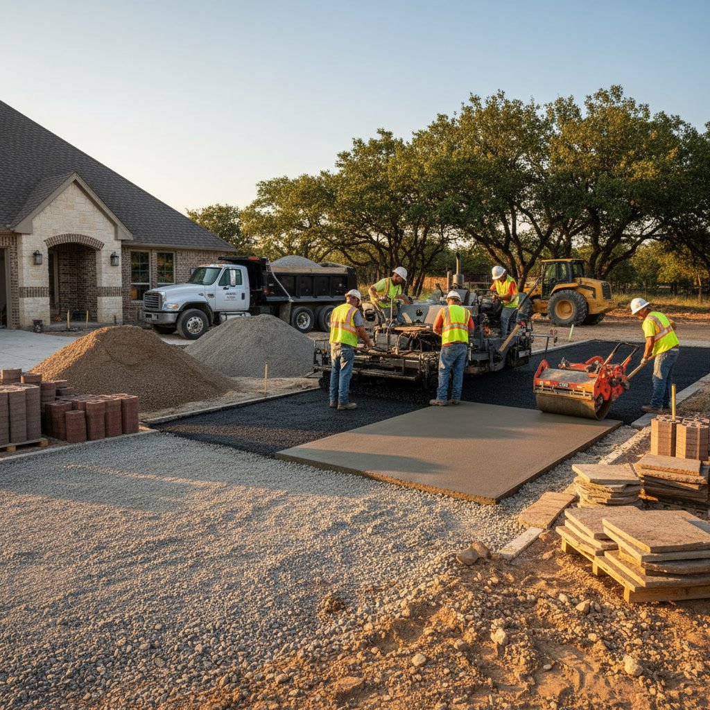 Professional driveway installation showing new concrete surface in McKinney Texas residential neighborhood