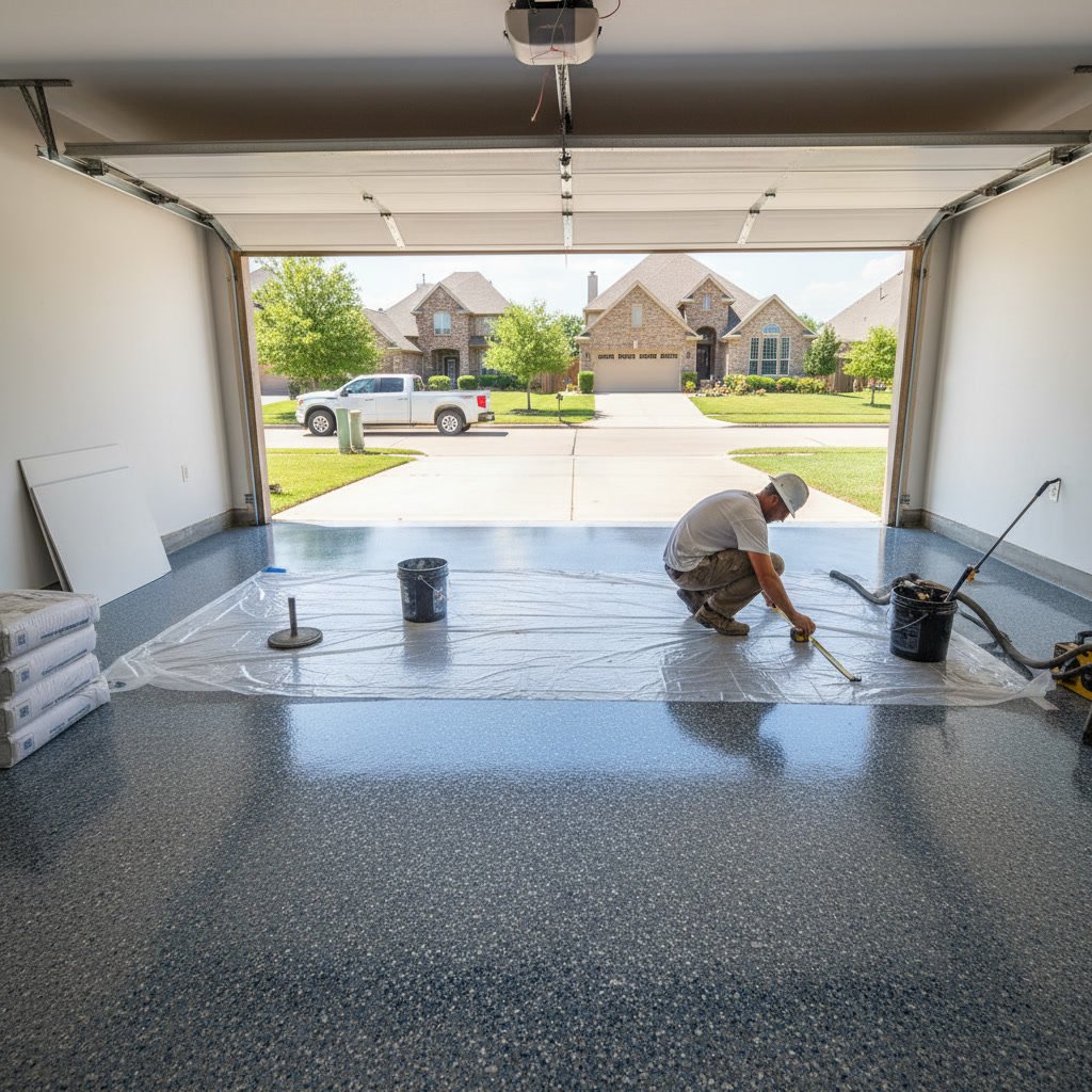 Modern residential garage with freshly installed epoxy floor coating in Frisco Texas