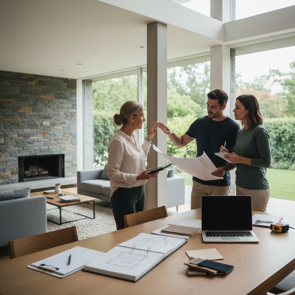 Contractor conducting house remodeling consultation with homeowner reviewing plans