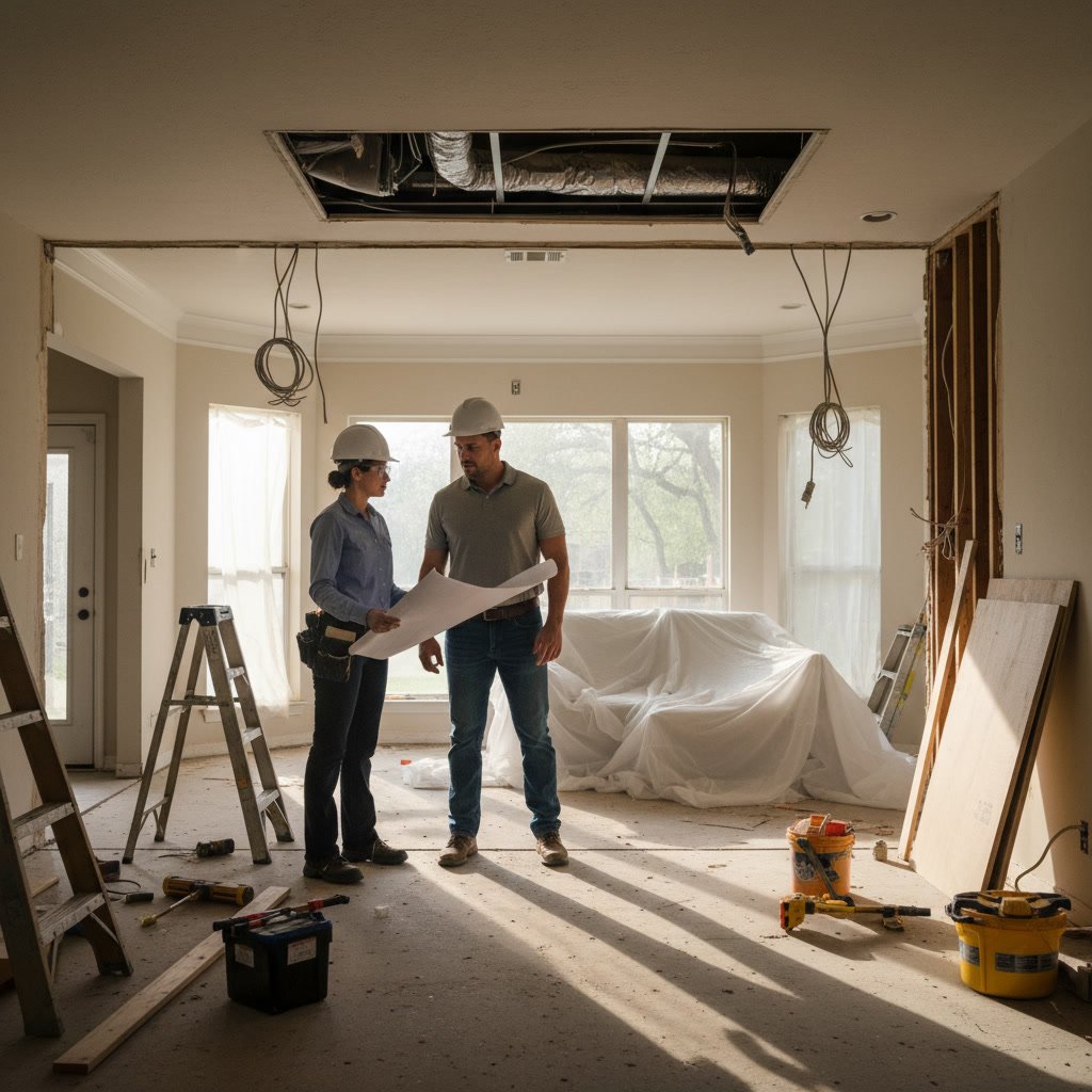 Contractor explaining remodeling plans to homeowner during site assessment