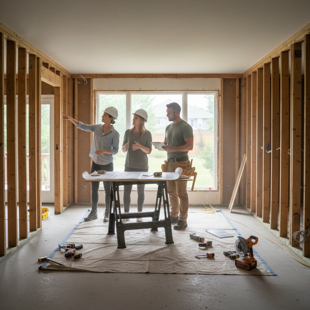 Professional contractor meeting with homeowners during house remodeling consultation