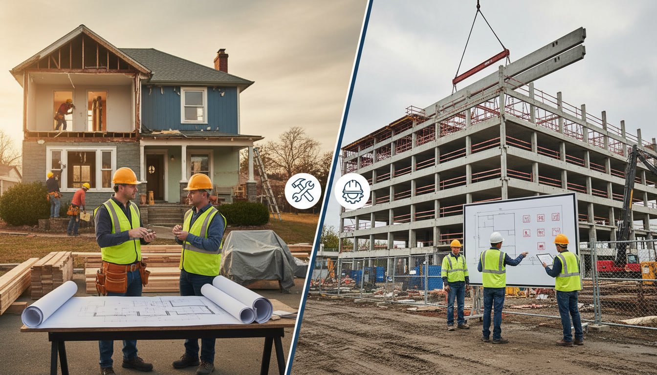Contractor reviewing building plans and permits for residential project