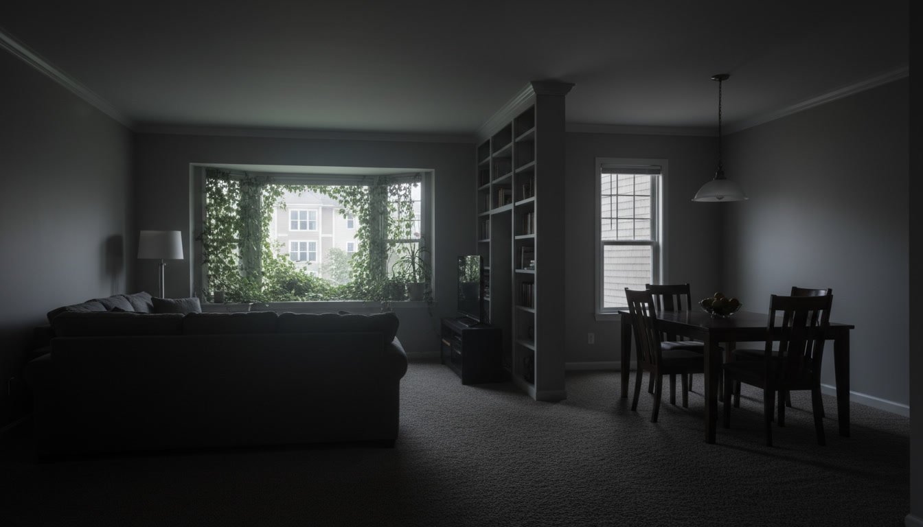 Dark interior room lacking natural light from windows