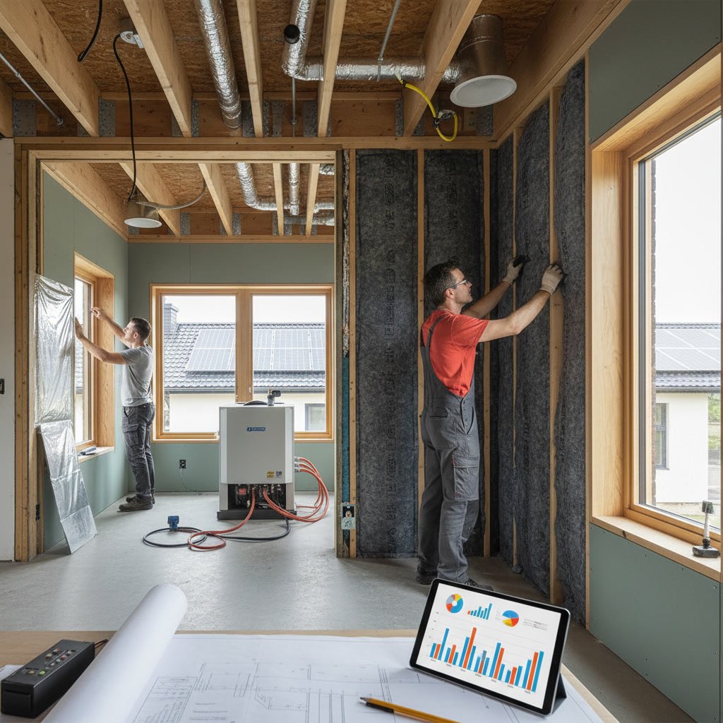 Modern energy-efficient home interior with updated insulation and lighting during indoor remodeling