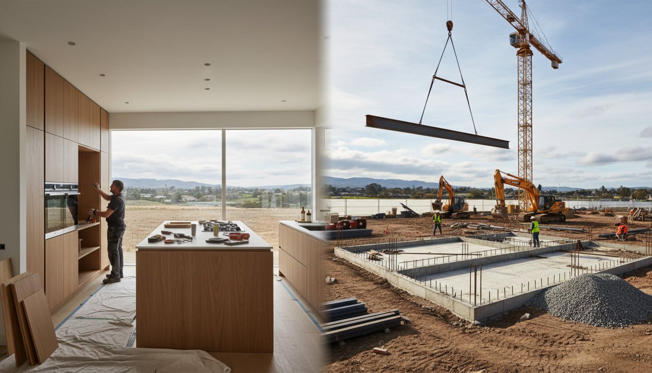 Professional contractor comparing remodeling plans with new construction blueprints